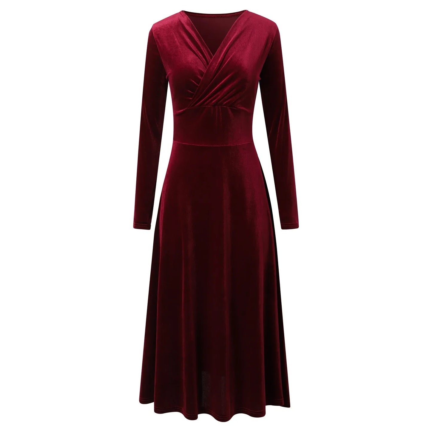 \Velvet Evening Dress Elegant V-Neck Maxi Dress Long Sleeve Red Dress Robes Longues