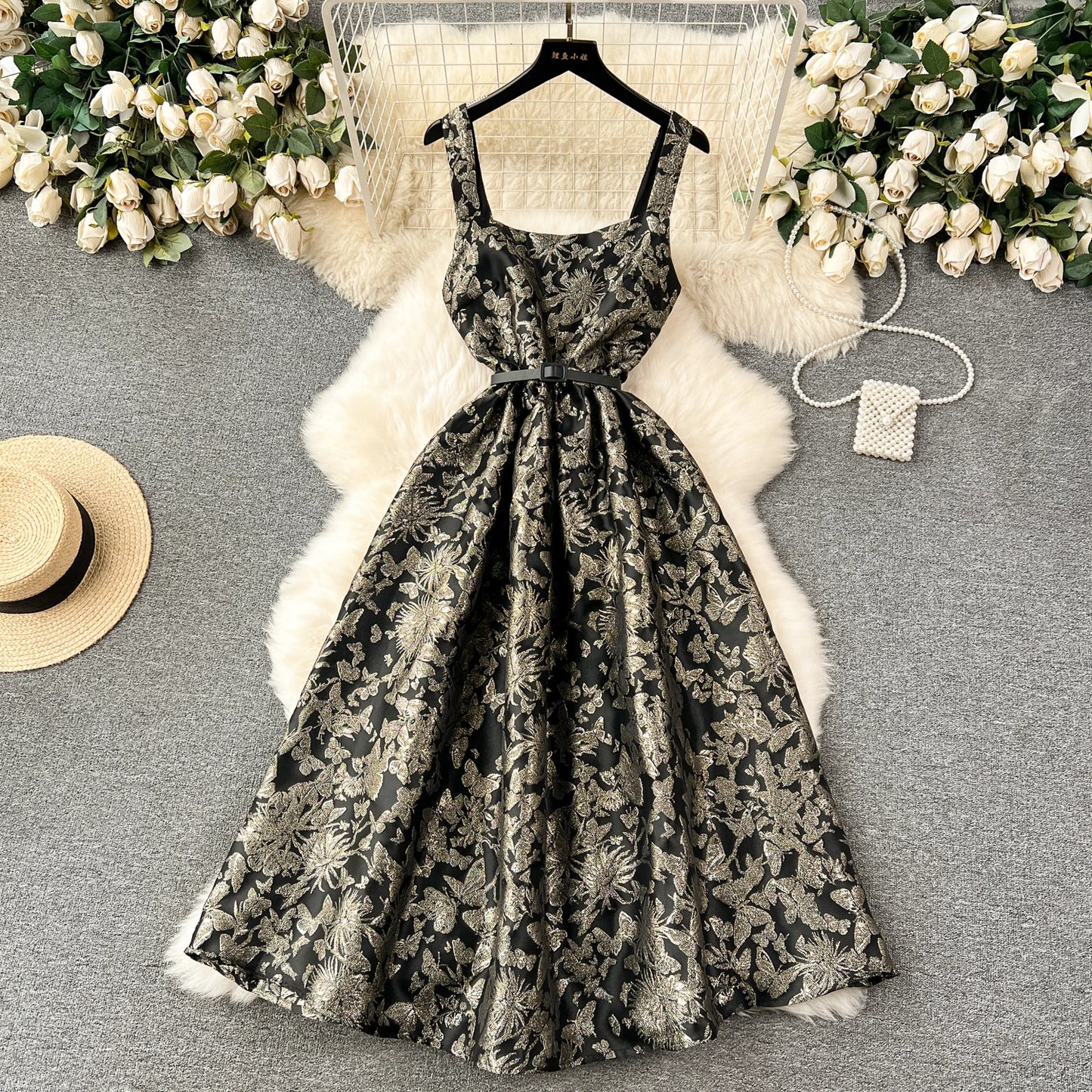 Exquisite Elegant Luxury Sleeveless Square Neck Slim A-line Jacquard Long Dress Prom Party Formal Dress