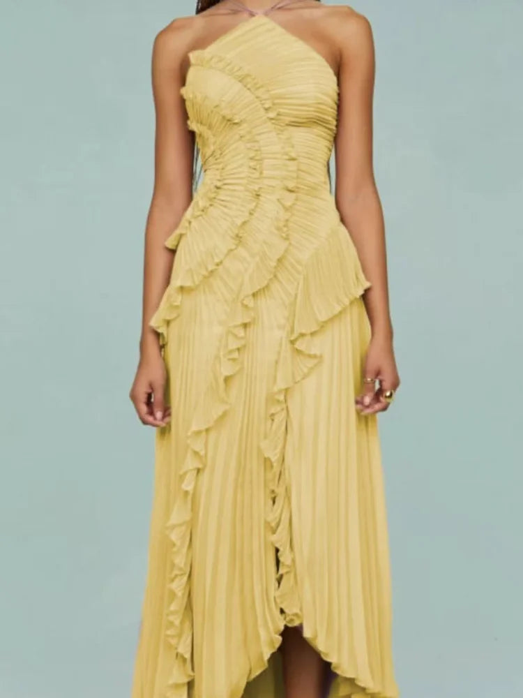 pleated halter neck long dress