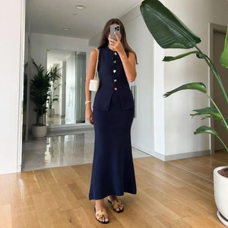 Elegant Knit Vest Suits Women Solid Single Breasted O-neck Sleeveless Slim Waistcoat Bodycon Midi Skirts
