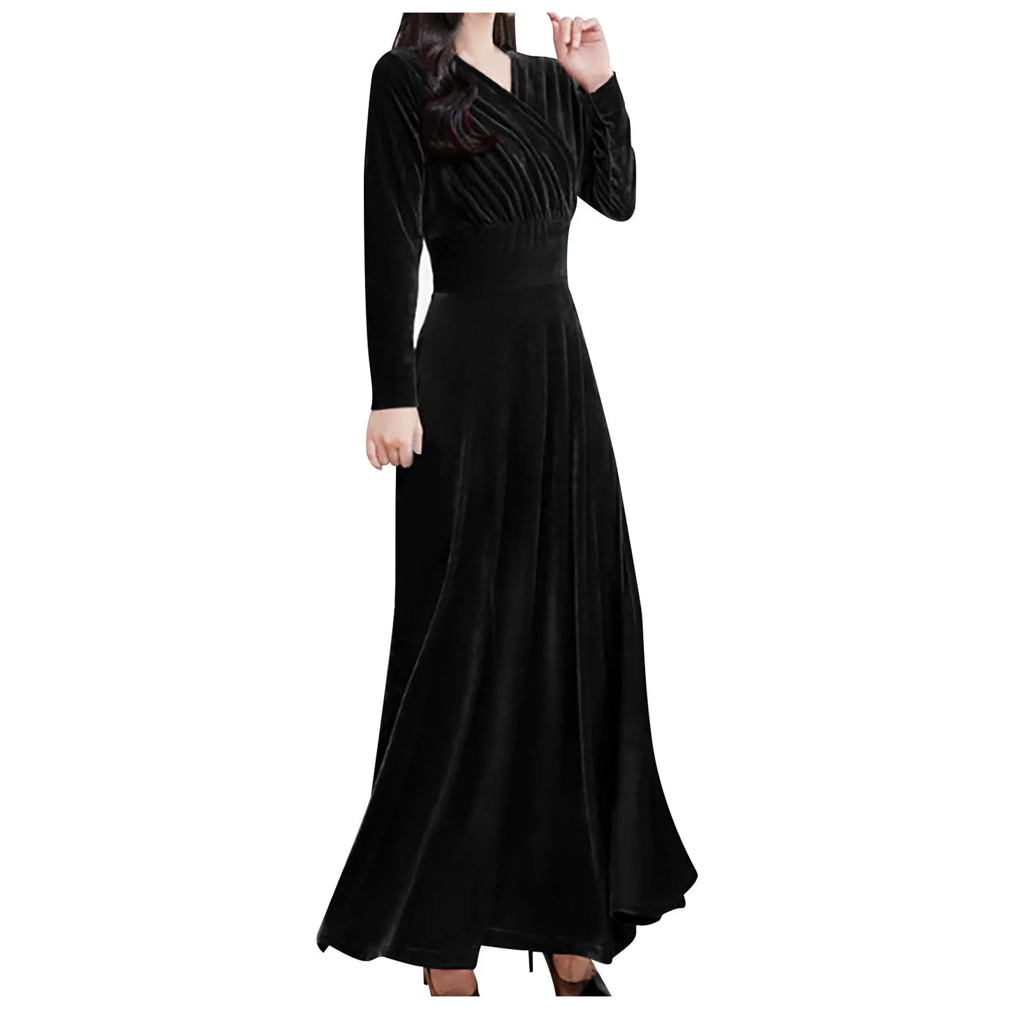 \Velvet Evening Dress Elegant V-Neck Maxi Dress Long Sleeve Red Dress Robes Longues