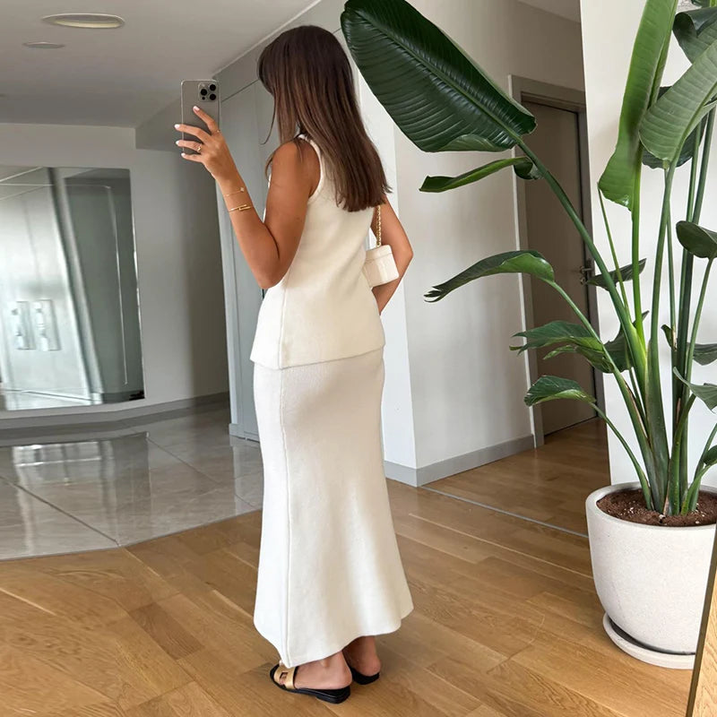 Elegant Knit Vest Suits Women Solid Single Breasted O-neck Sleeveless Slim Waistcoat Bodycon Midi Skirts