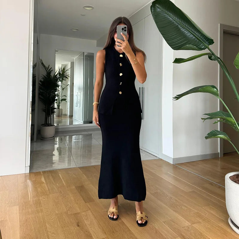 Elegant Knit Vest Suits Women Solid Single Breasted O-neck Sleeveless Slim Waistcoat Bodycon Midi Skirts