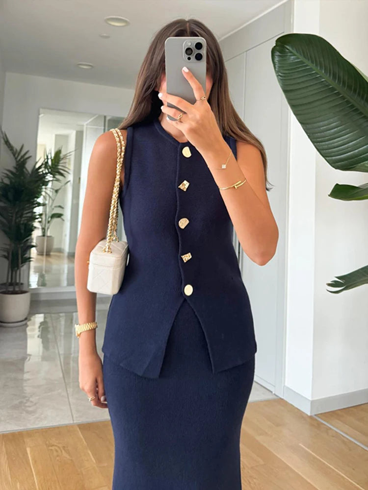 Elegant Knit Vest Suits Women Solid Single Breasted O-neck Sleeveless Slim Waistcoat Bodycon Midi Skirts