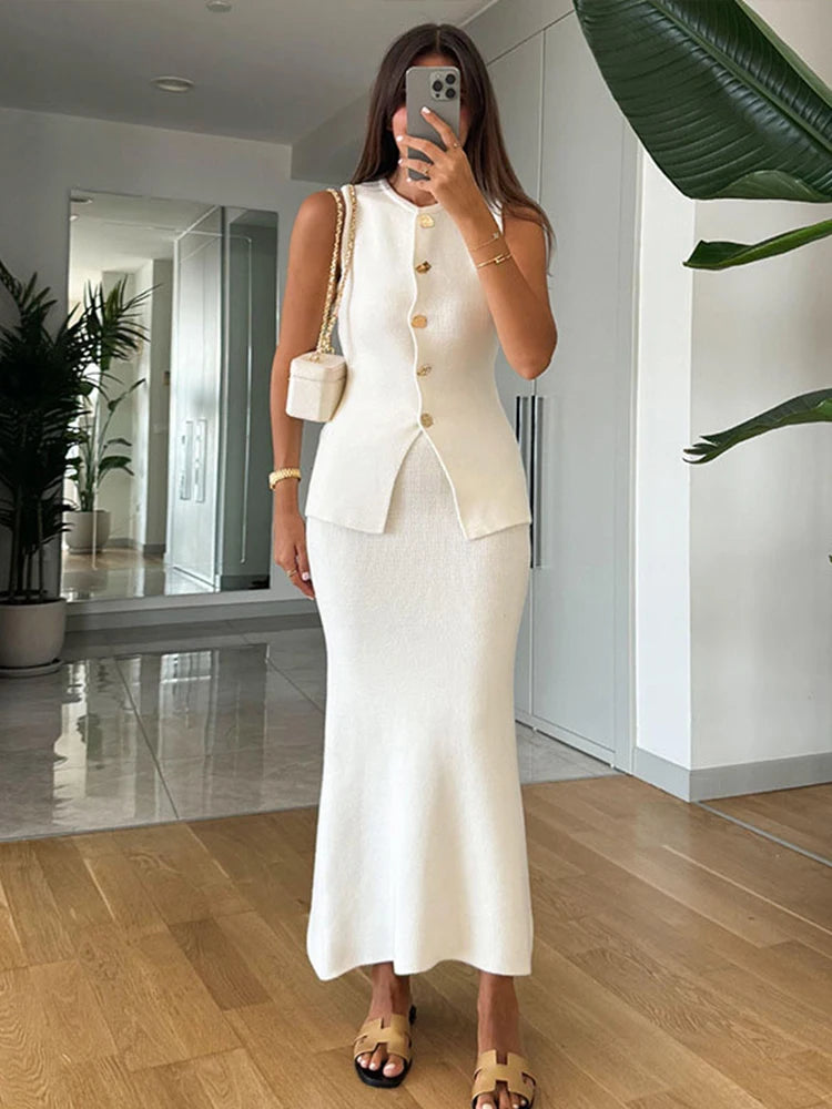 Elegant Knit Vest Suits Women Solid Single Breasted O-neck Sleeveless Slim Waistcoat Bodycon Midi Skirts