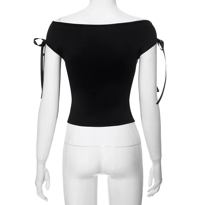 Summer Solid Color Sexy Off Shoulder Tops Lace Up Sleeveless T-Shirt Casual Slim Crop Top Black Short Sleeve Wome
