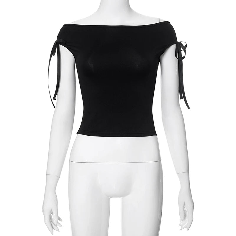 Summer Solid Color Sexy Off Shoulder Tops Lace Up Sleeveless T-Shirt Casual Slim Crop Top Black Short Sleeve Wome