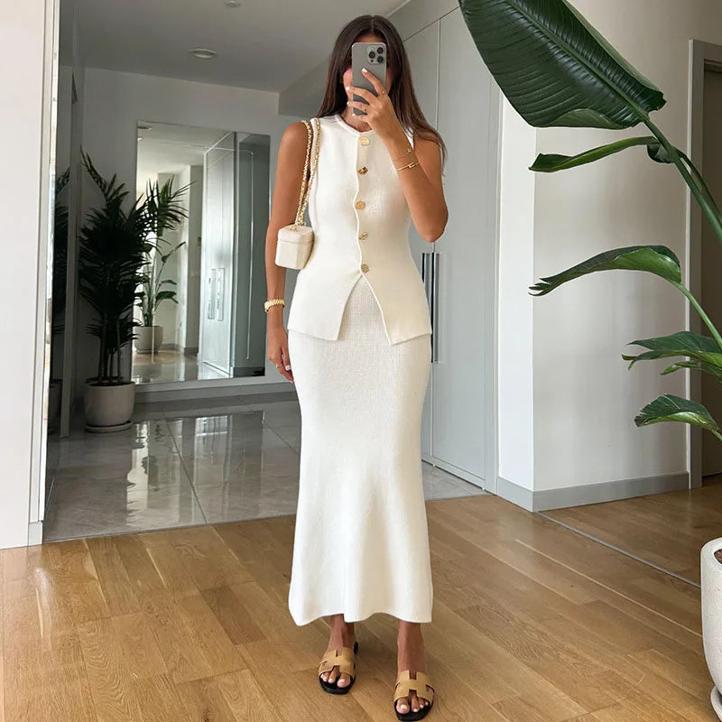 Elegant Knit Vest Suits Women Solid Single Breasted O-neck Sleeveless Slim Waistcoat Bodycon Midi Skirts