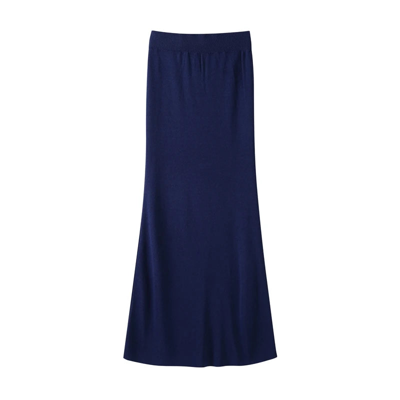 Elegant Knit Vest Suits Women Solid Single Breasted O-neck Sleeveless Slim Waistcoat Bodycon Midi Skirts