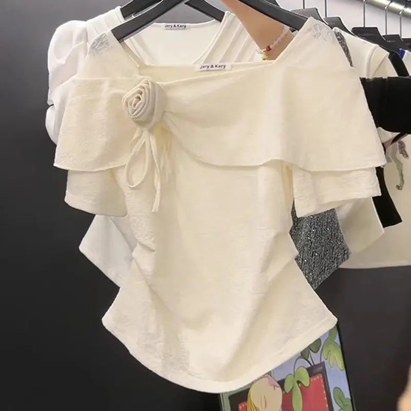 Flower Square Neck Short Sleeve T-shirt Women Tops Summer New Solid Color Slimming Casual Tshirts