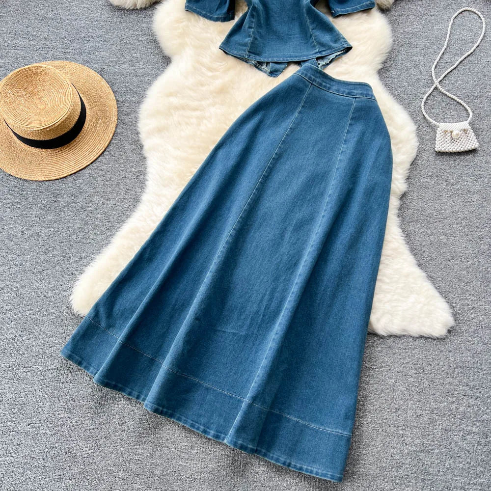 Western Style Denim Dress Set Women Suit New Sexy Retro Square Collar Puff Short Sleeve Shirt Top + High Waist A-line Long Skirt