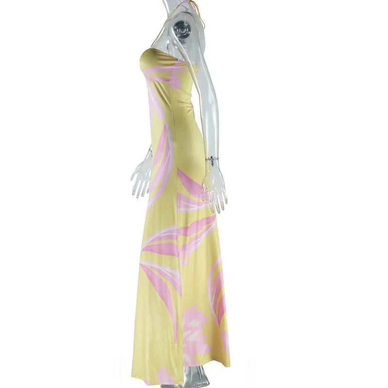 Women's Floral Print Sexy Halterneck Strappy Strapless Backless Slim Long Dress