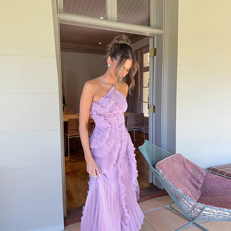 pleated halter neck long dress