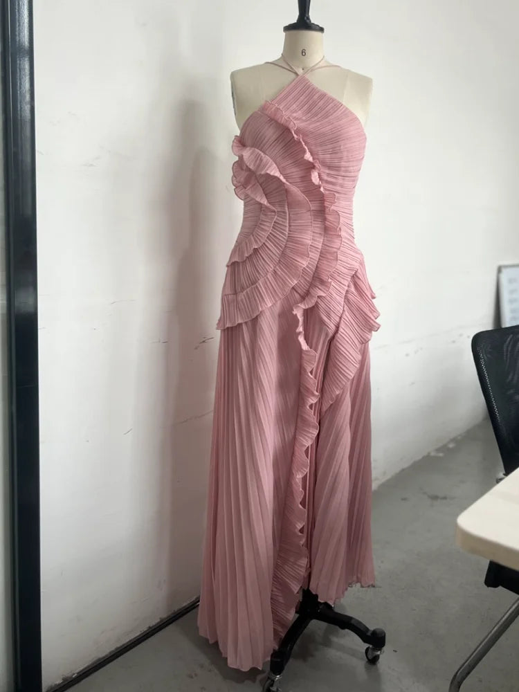 pleated halter neck long dress