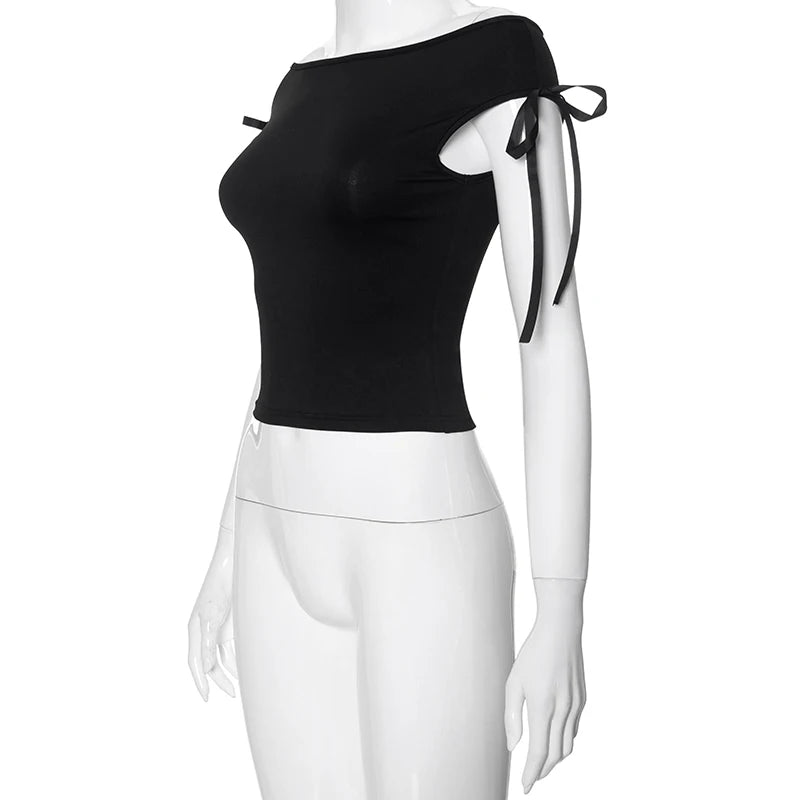 Summer Solid Color Sexy Off Shoulder Tops Lace Up Sleeveless T-Shirt Casual Slim Crop Top Black Short Sleeve Wome