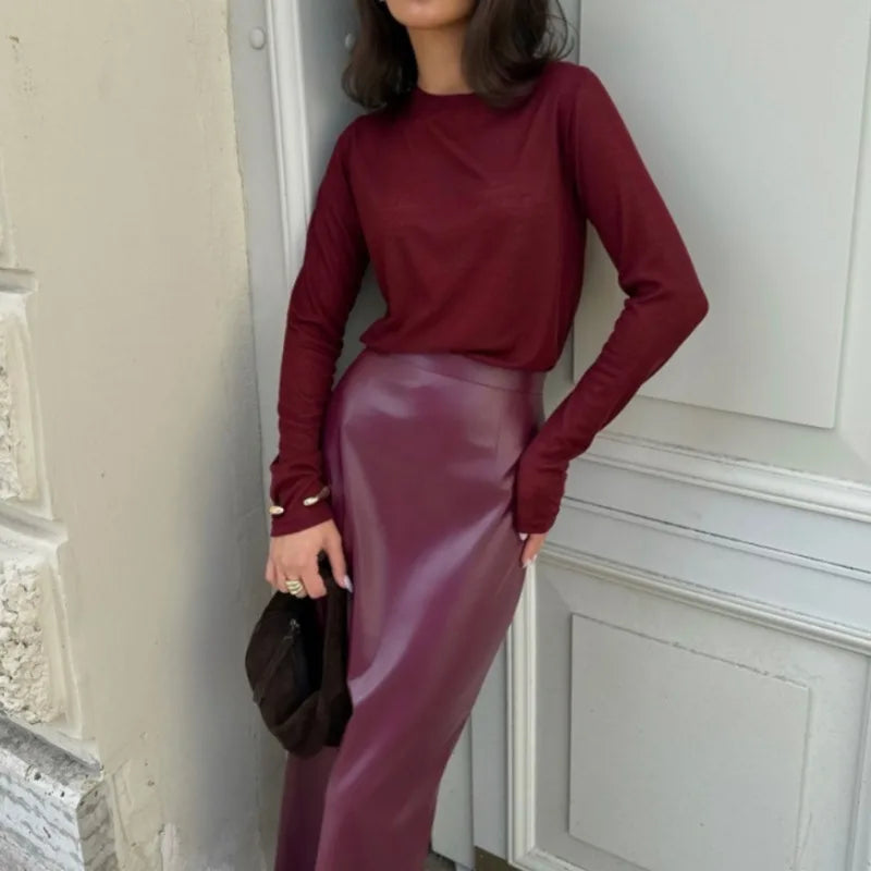 Women Elegant Burgundy Skirt High Waist Slim Fashion Slit Long Skirts