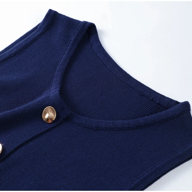 Elegant Knit Vest Suits Women Solid Single Breasted O-neck Sleeveless Slim Waistcoat Bodycon Midi Skirts