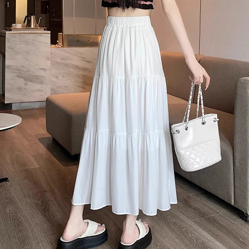 Summer Women High Waist Elastic Patchwork Chic Long Cake A-Line Skirts Casual Elegant All-Match Solid Big Swing Pleated Skirt