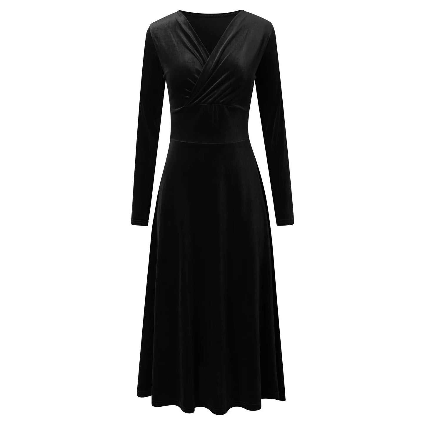 \Velvet Evening Dress Elegant V-Neck Maxi Dress Long Sleeve Red Dress Robes Longues