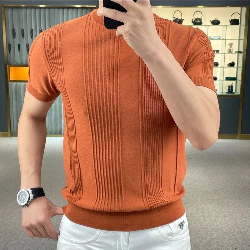 Summer Striped Short Sleeve O Neck Men Knitted T Shirts Solid Color Fashion Casual 2xl Oversized Clothing Top Business Daily Gym