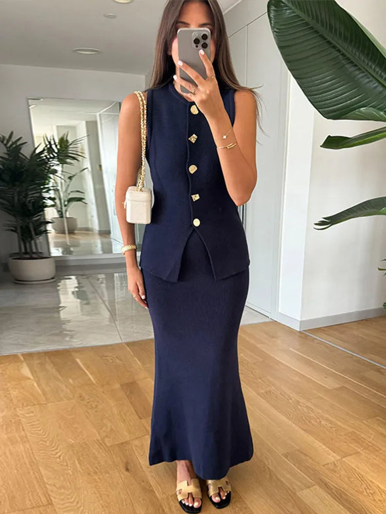 Elegant Knit Vest Suits Women Solid Single Breasted O-neck Sleeveless Slim Waistcoat Bodycon Midi Skirts