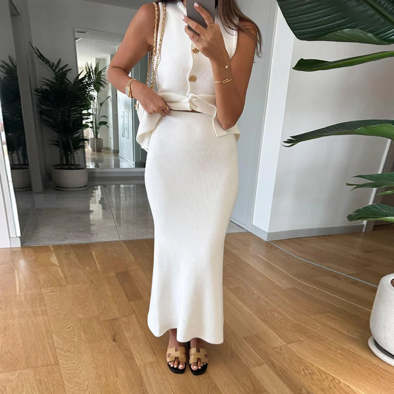 Elegant Knit Vest Suits Women Solid Single Breasted O-neck Sleeveless Slim Waistcoat Bodycon Midi Skirts