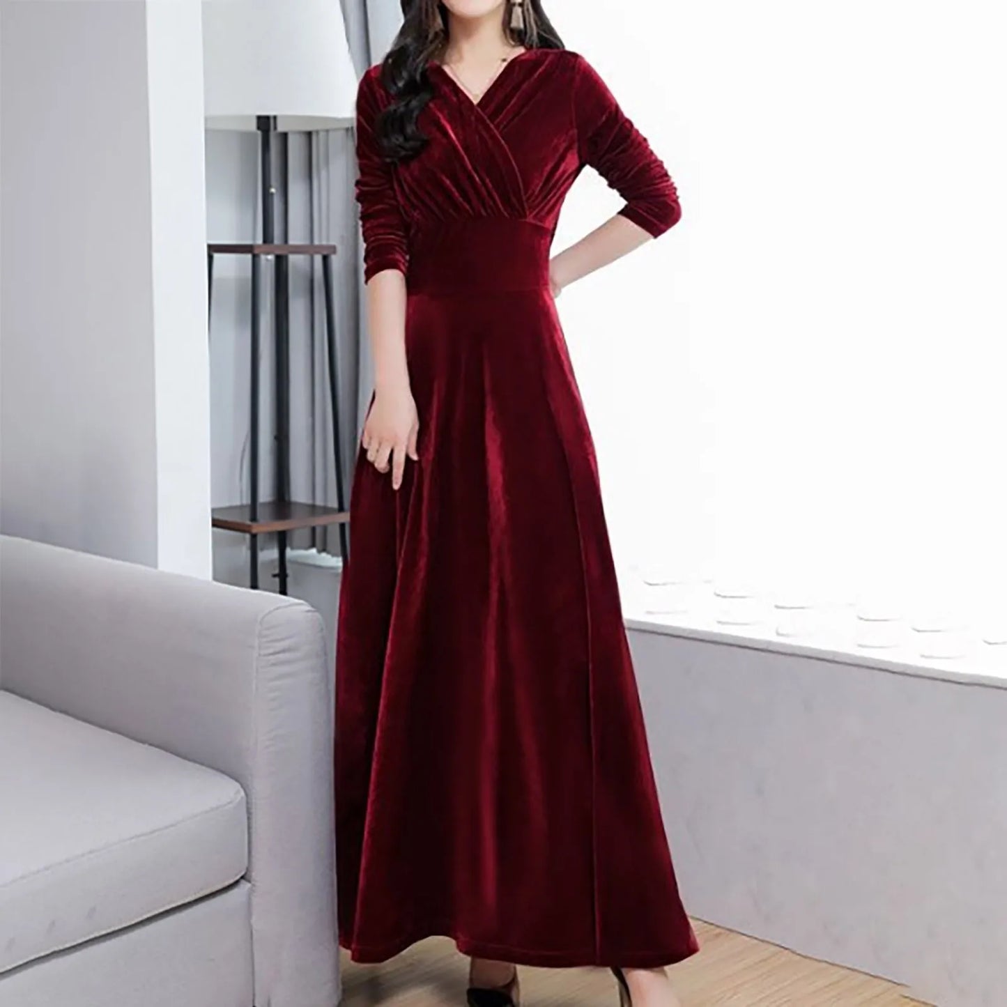 \Velvet Evening Dress Elegant V-Neck Maxi Dress Long Sleeve Red Dress Robes Longues
