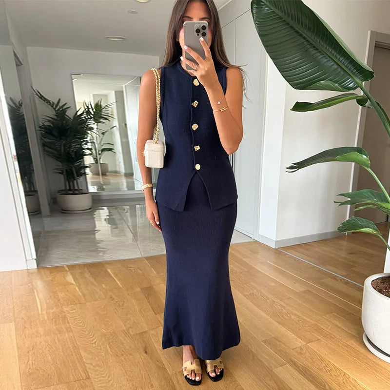 Elegant Knit Vest Suits Women Solid Single Breasted O-neck Sleeveless Slim Waistcoat Bodycon Midi Skirts