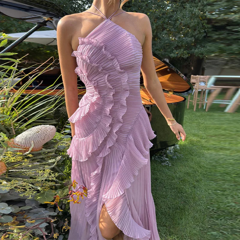 pleated halter neck long dress