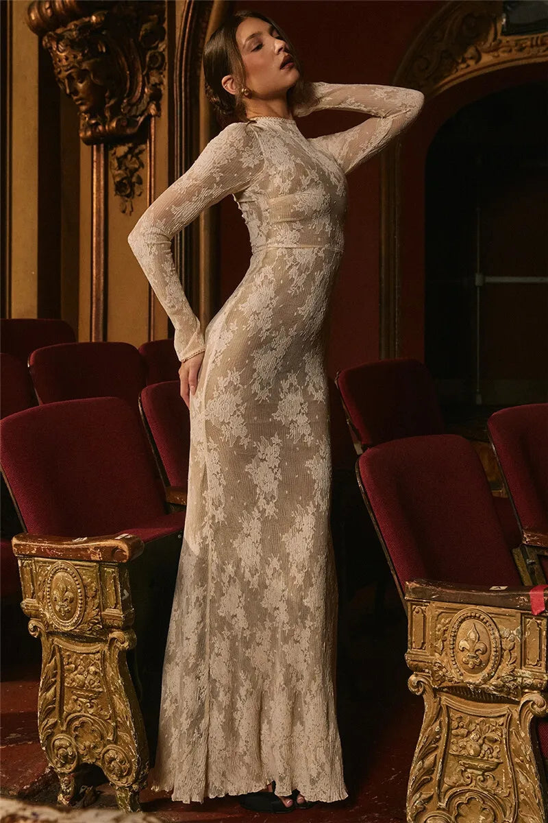 Lace Print Long Sleeve Maxi Dress For Women White Zipper Half High Collar