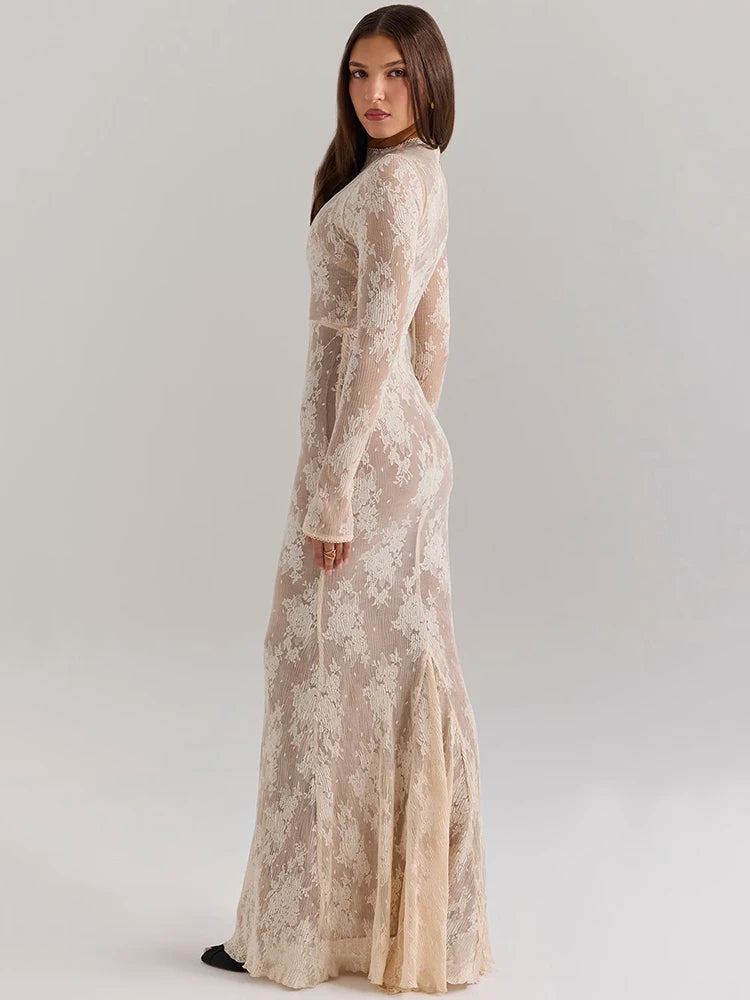 Lace Print Long Sleeve Maxi Dress For Women White Zipper Half High Collar