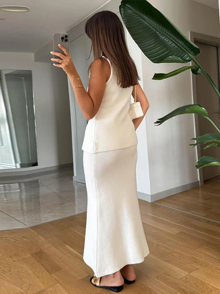Elegant Knit Vest Suits Women Solid Single Breasted O-neck Sleeveless Slim Waistcoat Bodycon Midi Skirts
