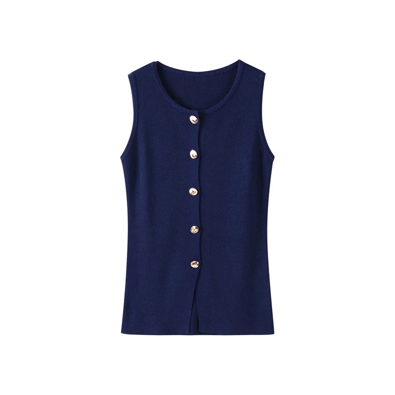 Elegant Knit Vest Suits Women Solid Single Breasted O-neck Sleeveless Slim Waistcoat Bodycon Midi Skirts