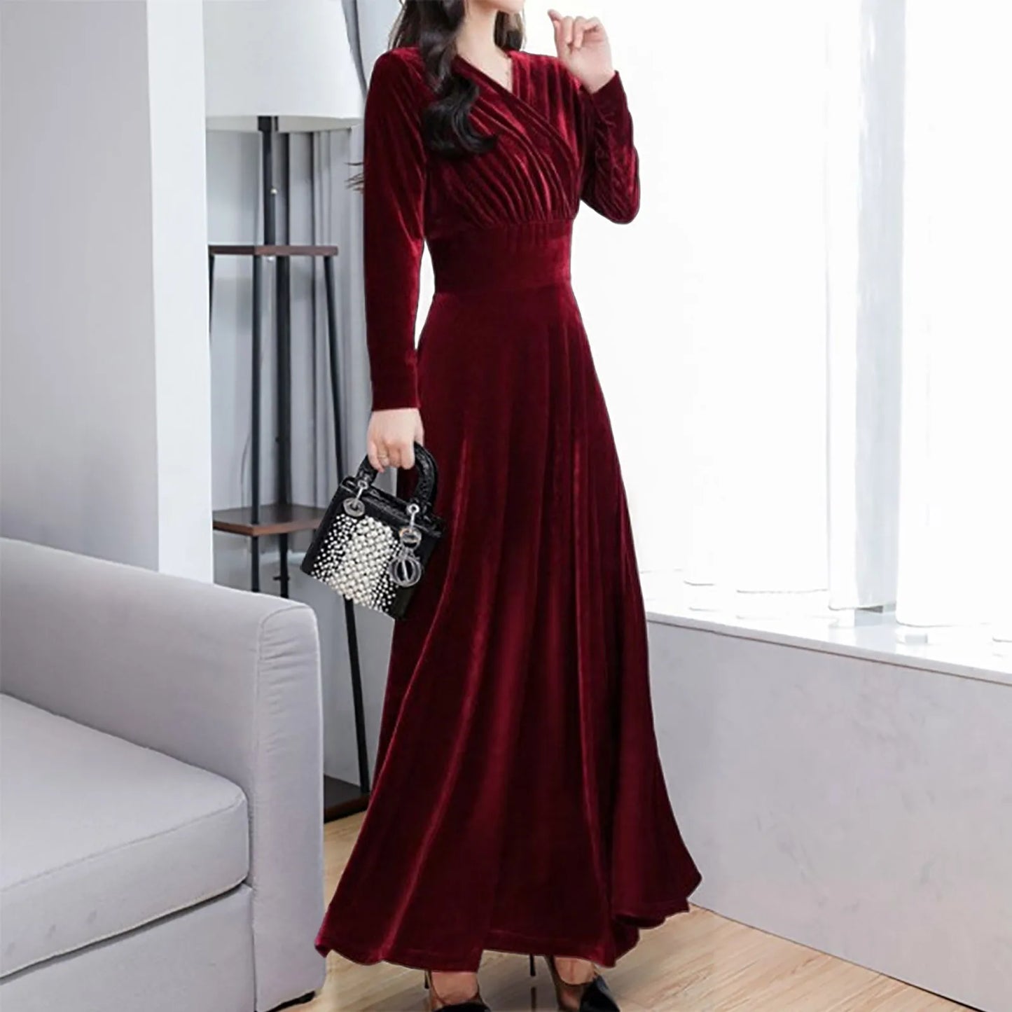 \Velvet Evening Dress Elegant V-Neck Maxi Dress Long Sleeve Red Dress Robes Longues