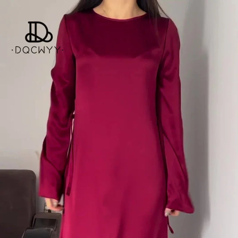 Long Dresses New Lace Up Waist Slimming Lace Wine Red Color Sleeved British Style Elegant Dresses for Women