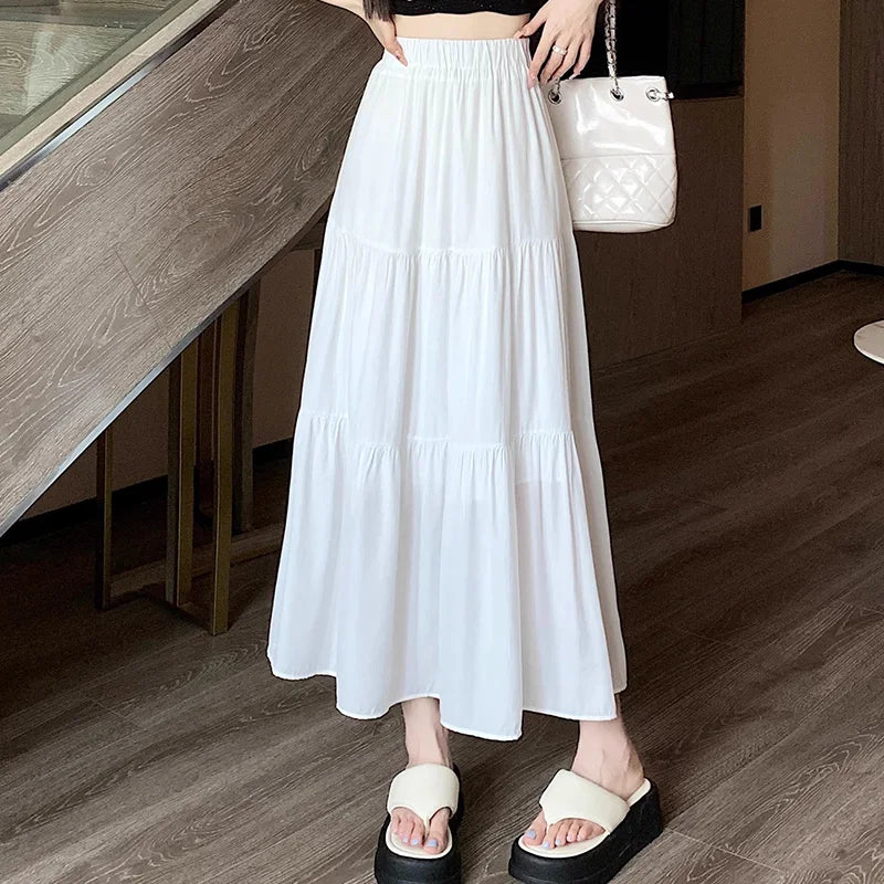 Summer Women High Waist Elastic Patchwork Chic Long Cake A-Line Skirts Casual Elegant All-Match Solid Big Swing Pleated Skirt