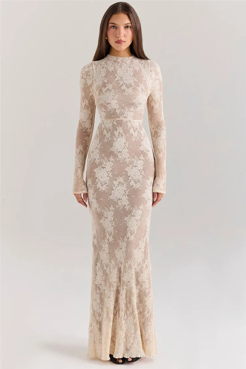Lace Print Long Sleeve Maxi Dress For Women White Zipper Half High Collar