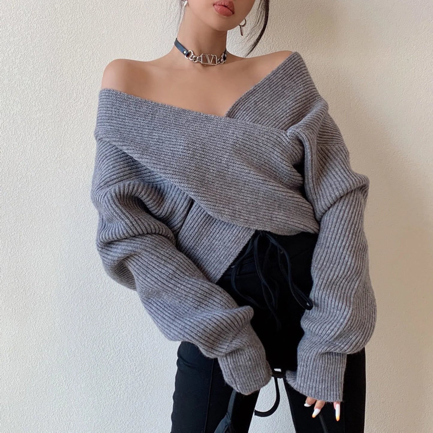 Winter New Cross Knitted Sweater Long Sleeve Sweater Fluffy Elegant Off Shoulder Knit Thickened Pullover Sweater