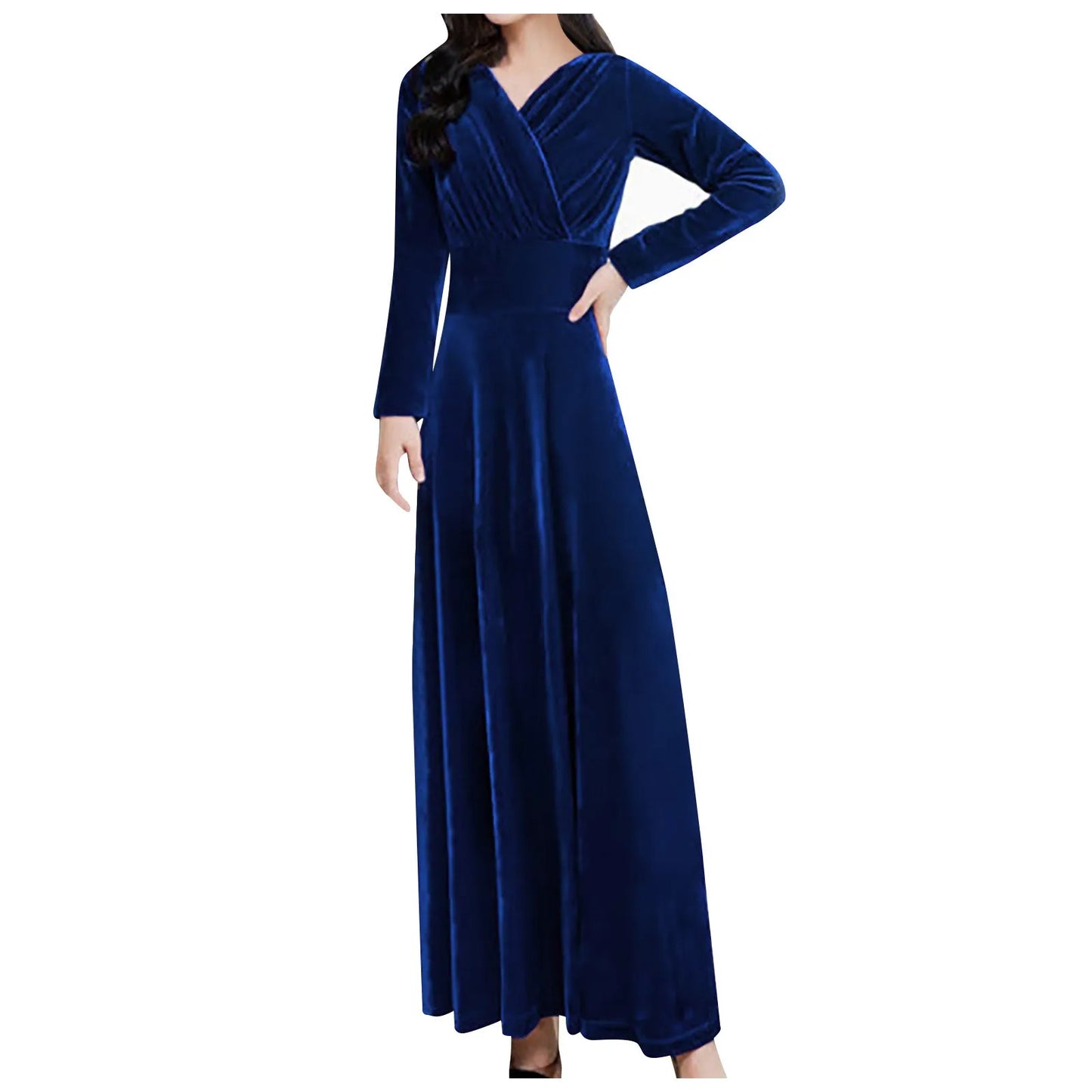 \Velvet Evening Dress Elegant V-Neck Maxi Dress Long Sleeve Red Dress Robes Longues