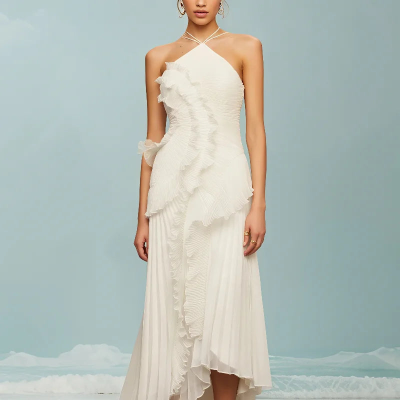 pleated halter neck long dress