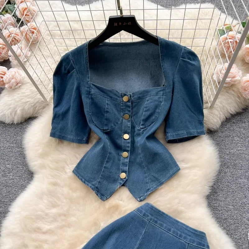 Western Style Denim Dress Set Women Suit New Sexy Retro Square Collar Puff Short Sleeve Shirt Top + High Waist A-line Long Skirt
