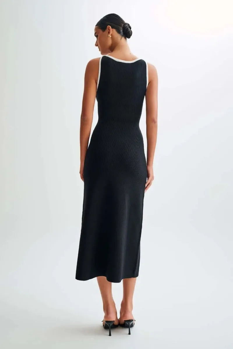 Elegant Knitted Dress For Women Patchwork Pocket Sleeveless High Waist Long Dresses Femme Street Slim Knit Evening Dress
