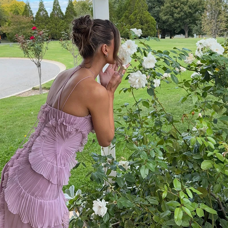 pleated halter neck long dress