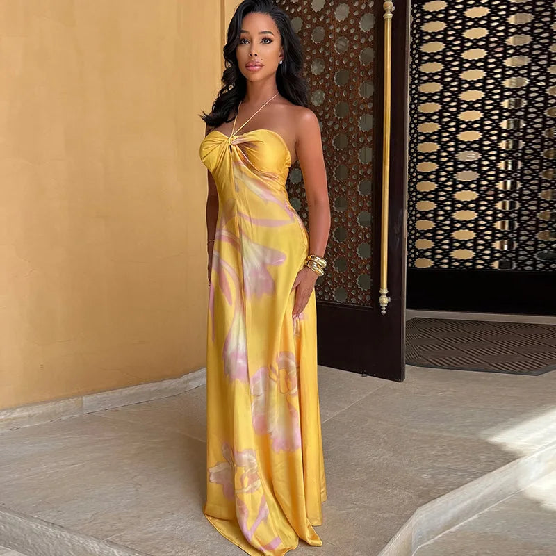 Women's Floral Print Sexy Halterneck Strappy Strapless Backless Slim Long Dress