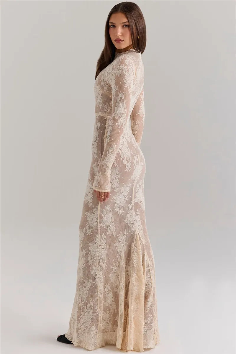Lace Print Long Sleeve Maxi Dress For Women White Zipper Half High Collar