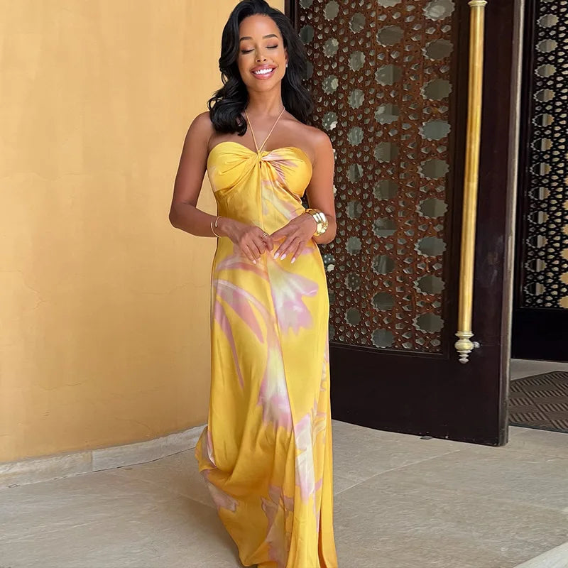 Women's Floral Print Sexy Halterneck Strappy Strapless Backless Slim Long Dress