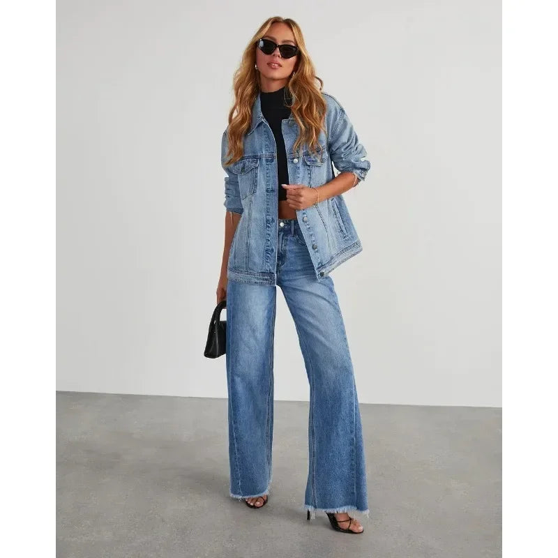 New Women's Clothing Solid Color Loose Wide Leg Side Seam Stitching Frayed Hem Jeans