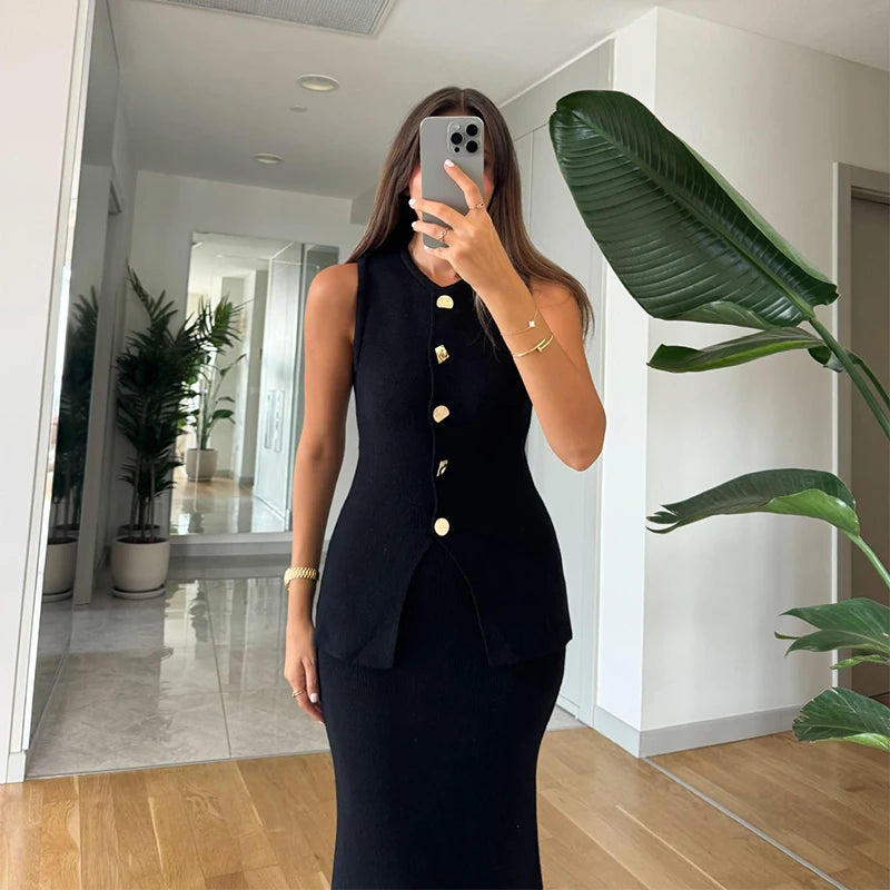 Elegant Knit Vest Suits Women Solid Single Breasted O-neck Sleeveless Slim Waistcoat Bodycon Midi Skirts