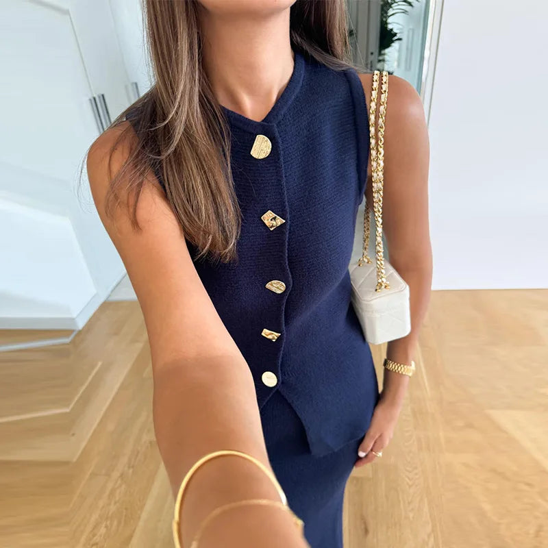 Elegant Knit Vest Suits Women Solid Single Breasted O-neck Sleeveless Slim Waistcoat Bodycon Midi Skirts