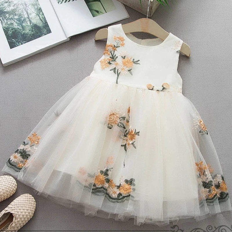 Elegant Kid Girl Dress Embroidery Flower Lace Ball Gown Princess Dress Wedding Costume Sleeveless Children Clothing Baby